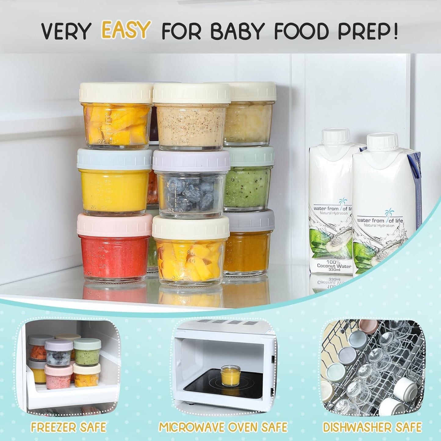 VITEVER 12Pack Glass Baby Food Storage Containers - 4 oz Baby Food Storage Jars With Lids, Baby Food Maker, Microwave, Dishwasher & Freezer Safe