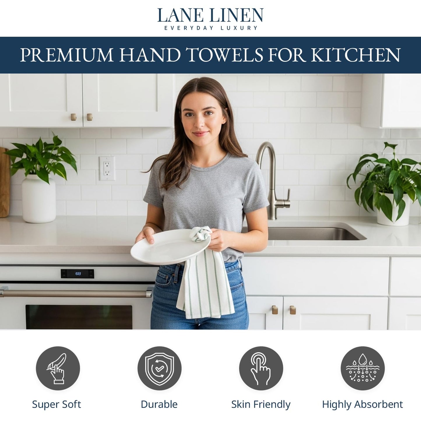 LANE LINEN Cotton Kitchen Towels Set, 6-Pack – Absorbent, Quick-Drying Dish Towels, 18" x 28", Premium Hand and Tea Towels - Olive