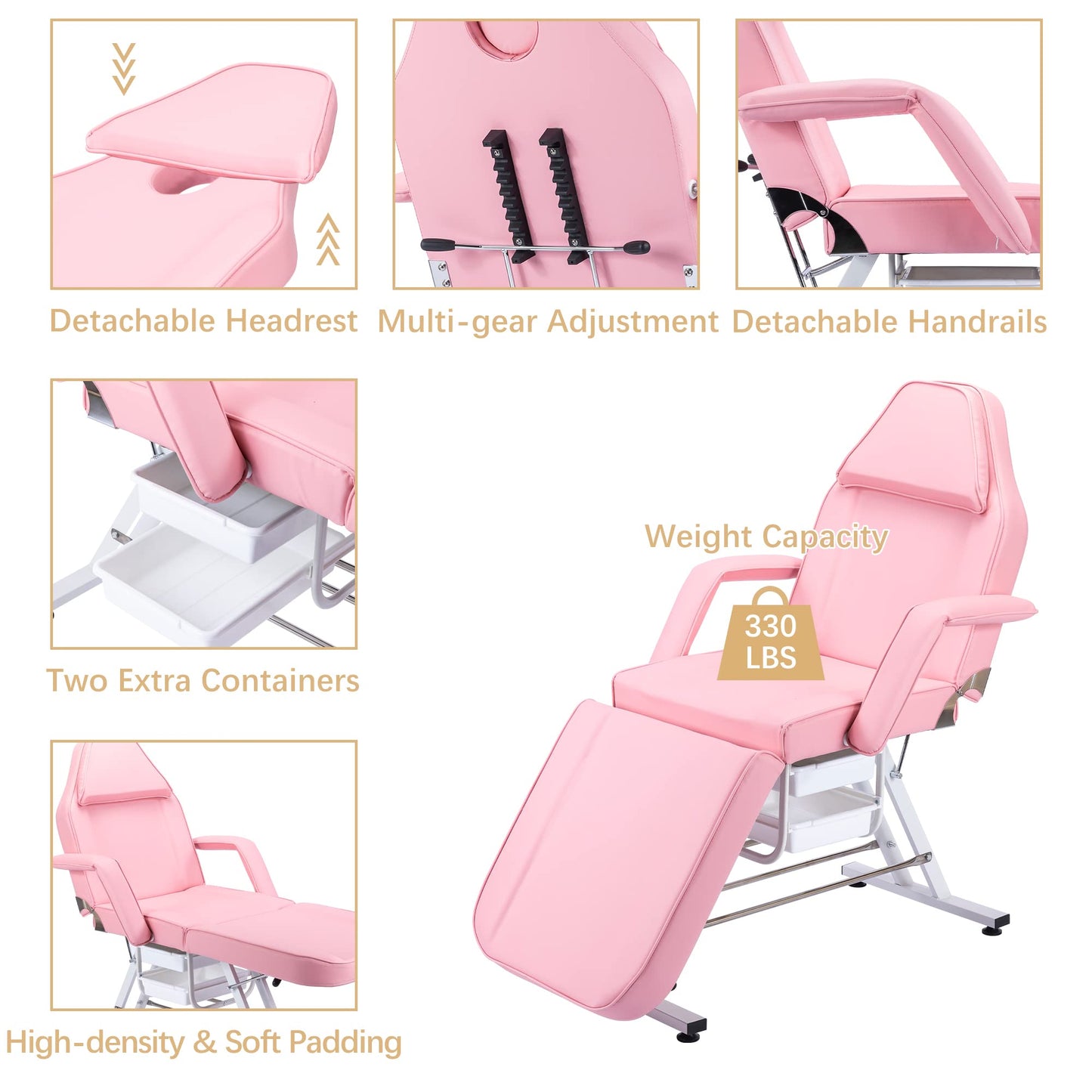 Dekitormi Massage Salon Tattoo Chair with Two Trays, 3-Section Facial Bed Table with Hydraulic Stool, Pink Adjustable Beauty Barber Spa Chair, Esthetician Bed for Massage, Facial, Waxing