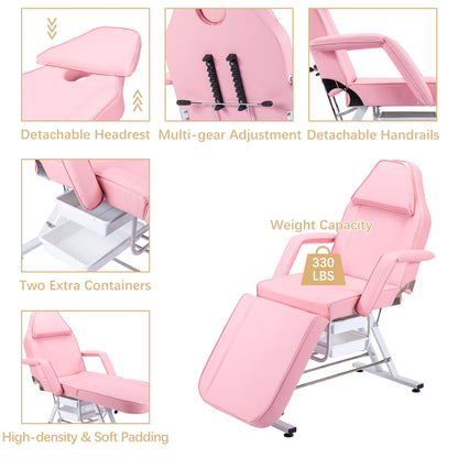 Massage Salon Tattoo Chair with Two Trays Esthetician Bed with Hydraulic Stool,Multi Purpose 3 Section Facial Bed Table, Adjustable Beauty Barber Spa Beauty Equipment, Pink