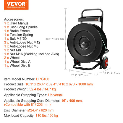 VEVOR Banding Strapping Cart, for PET/PP/Fiber Strapping Coils with 8" or 16" Core Size, Heavy Duty Strapping Dispenser, Equipped with Anti-Retreat Pulleys, Upgrade Brake System, Spacious Tray