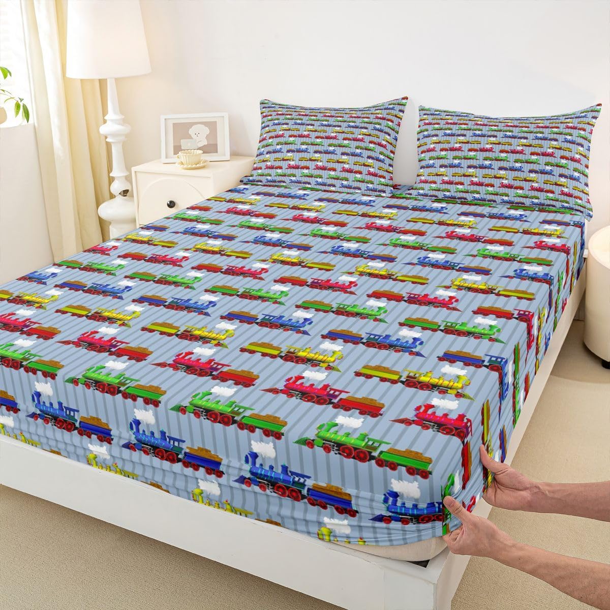 Set 1 Train Bedding Twin,Construction Train Bed Sheets Colorful Cartoon Smoking Steam Engine Fitted Bed Sheet for Kids