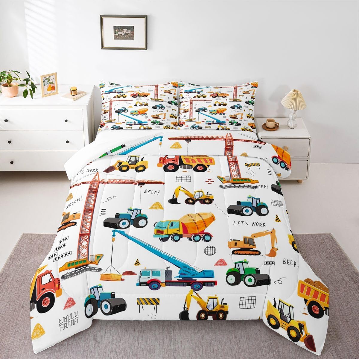 Set Bulldozer Set 3Pcs Tractor Comforter, Excavator Machinery Trucks Bedding Full Size, Construction Vehicle Down