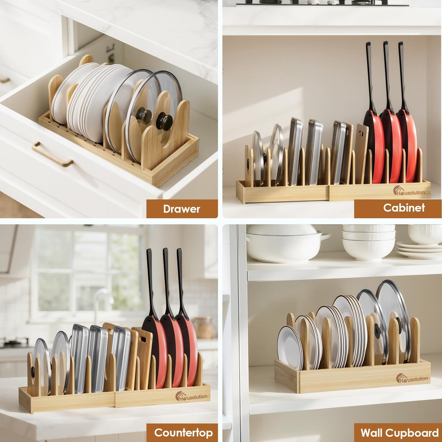 Housolution Bamboo Pot and Pan Organizer for Cabinet, 15"-29" Expandable Pot Lid Organizer with 10 Adjustable Dividers, Pan Holder Storage Rack with Solid Bamboo Wooden Base