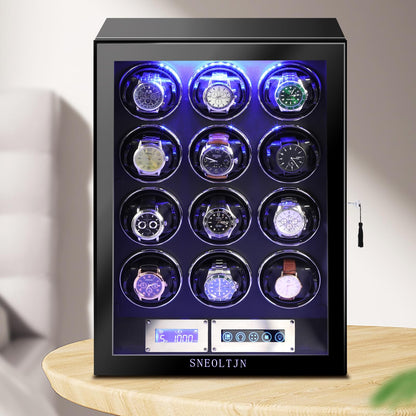 SNEOLTJN Watch Winder for 12 Slots Automatic Watches, Ultra-Quiet Japanese Motors, Built-in LED Illumination and LCD Touchscreen Control