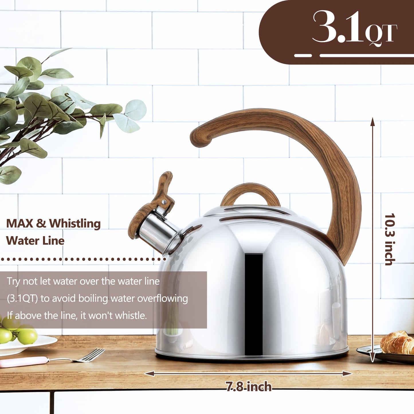 Harriet Tea Kettle Whistling Stovetop Tea Pot, 3.1QT Food Grade Stainless Steel Kettle for Boiling Water Coffee or Milk(Stainless Steel)