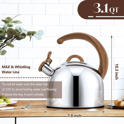Harriet Tea Kettle Whistling Stovetop Tea Pot, 3.1QT Food Grade Stainless Steel Kettle for Boiling Water Coffee or Milk(Stainless Steel)