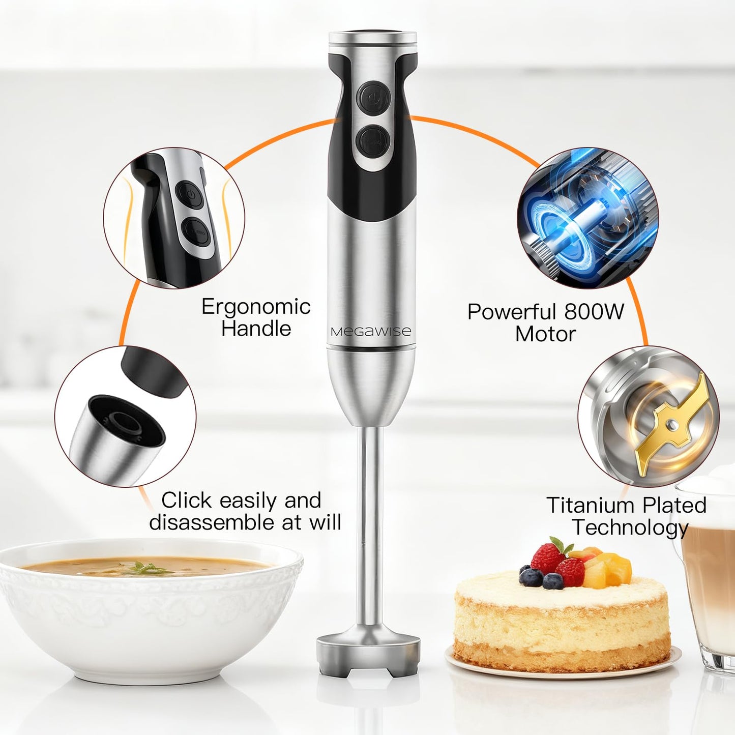 MegaWise Hand Blender, Immersion Blender Handheld 12-Speed with 80% Sharper Blades, Titanium Reinforced Stainless Steel 3-in-1 Immersion Blender,Includes Whisk and Milk Frother (3-in 1 Black)