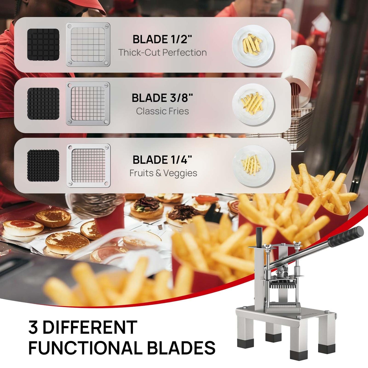 ARINOO Commercial French Fry Cutter and Vegetable Dicer with 3 Stainless Steel Blades – 3/8", 1/2", 1/4" – Heavy Duty Stainless Steel Potato Slicer for Home and Restaurant Use