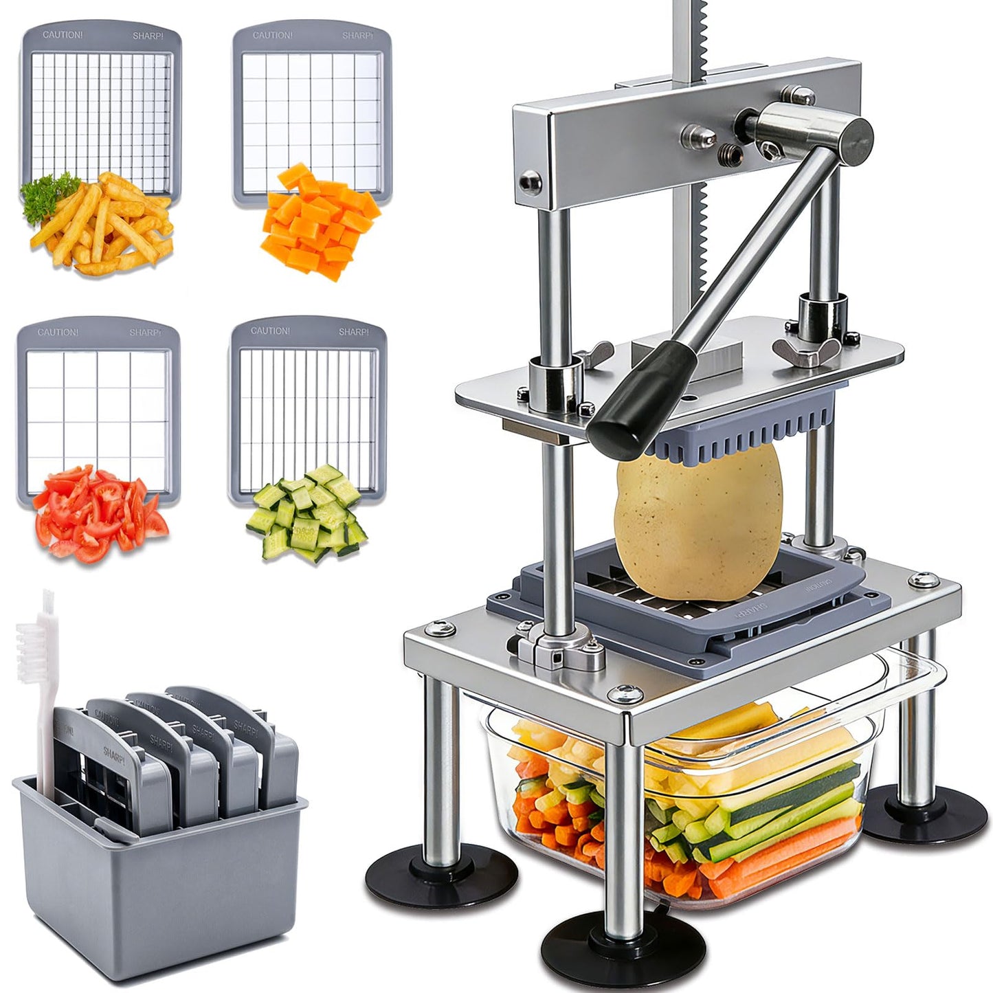 French Fry Cutter Goldtree Commercial Vegetable Chopper Professional Stainless Steel Potato Cutter Food Onion Dicer With 4 Replacement Blades for Tomatoes Fruit Carrots Cucumbers