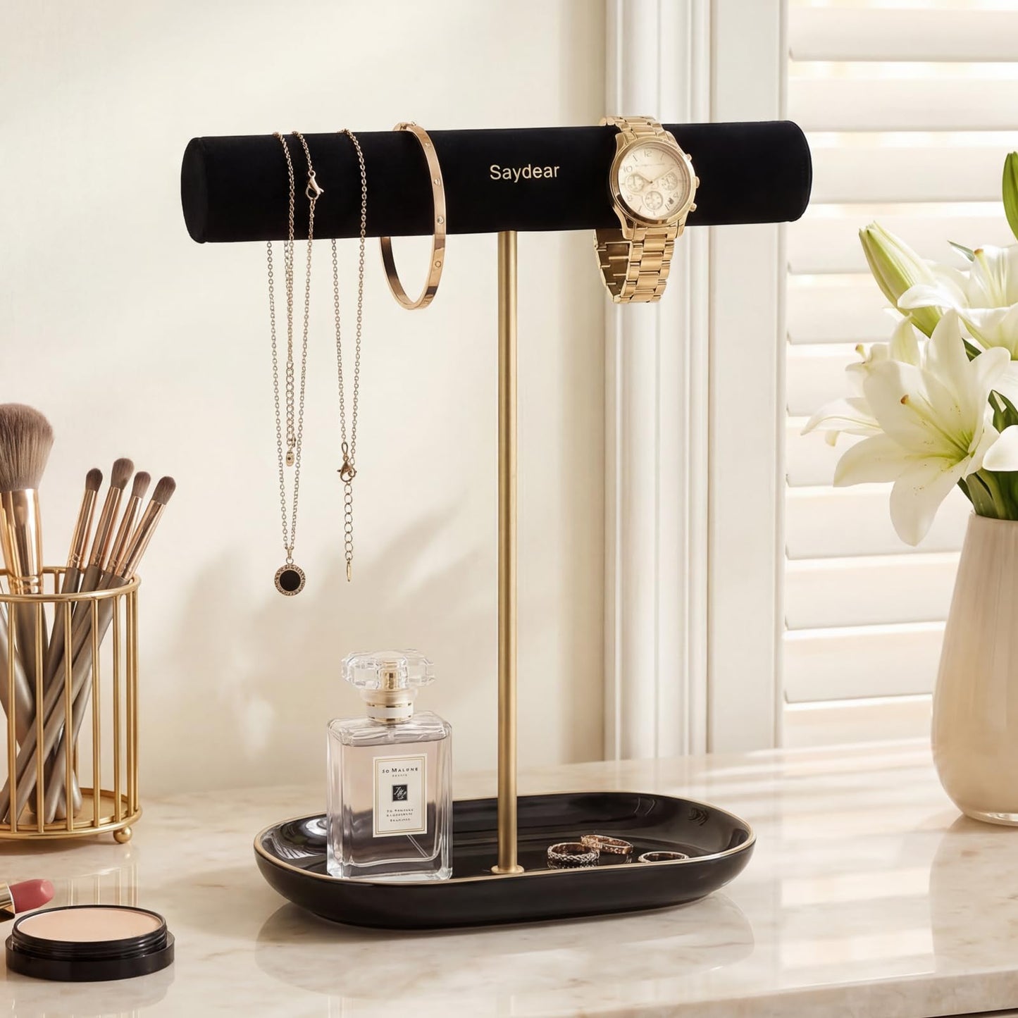 Saydear Velvet Jewelry Organizer Stand, T-Bar Necklace Holder with Ceramic Ring Dish Tray, Watch & Bracelet Display Organizer for Vanity, Dresser, Nightstand, Luxury Gift for Women Black