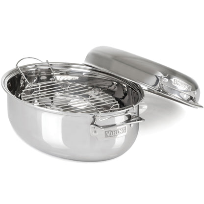 Viking 3-Ply Oval Roasting Pan, 8.5 Quart, Stainless Steel Kitchen Cookware with Metal Induction Lid and Rack, Great for Turkey, Dishwasher and Oven Safe, Silver