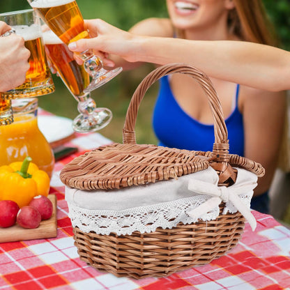 Mipcase Wicker Picnic Basket with Lid and Handle: Vintage Woven Storage Basket with Washable Lining for Flowers Vegetables Fruits, 10.02X7.27X5.31in