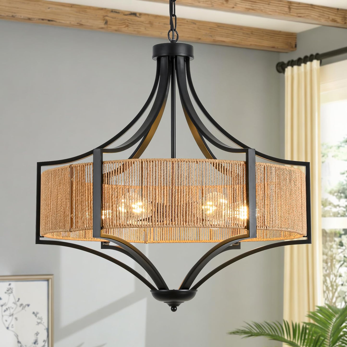 25.6" Rattan Farmhouse Chandelier Teardrop Light Fixtures, 6-Light Rustic Rattan Pendant Lighting with Straight Woven Shade Boho Black Hanging Light for Dining Room Living Room Kitchen Island Bedroom