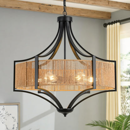 25.6" Rattan Farmhouse Chandelier Teardrop Light Fixtures, 6-Light Rustic Rattan Pendant Lighting with Straight Woven Shade Boho Black Hanging Light for Dining Room Living Room Kitchen Island Bedroom