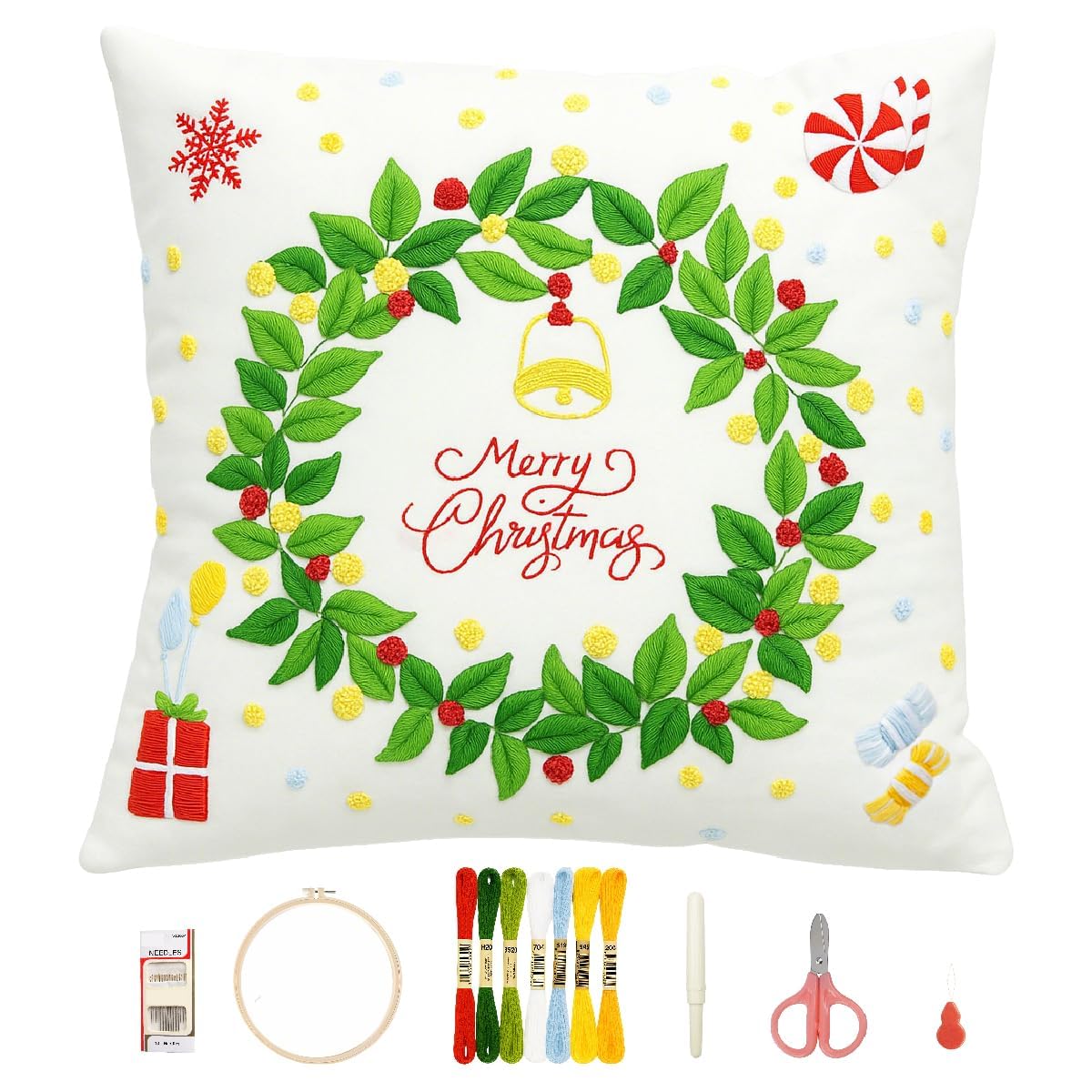 GQKHSS DIY Embroidery Kit, Decorative Pillow Cover with Floral Design,18 x 18'',Complete Starter Set with Thread and Tools,No Pillow Core (Garland)