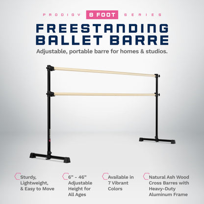 VITA Barre Portable Freestanding Double Ballet Barre, Prodigy, 8 Ft Bars, Black | Adjustable Height, USA Made, Home or Gym Exercise Equipment for Kids & Adults | Dance, Fitness, Pilates