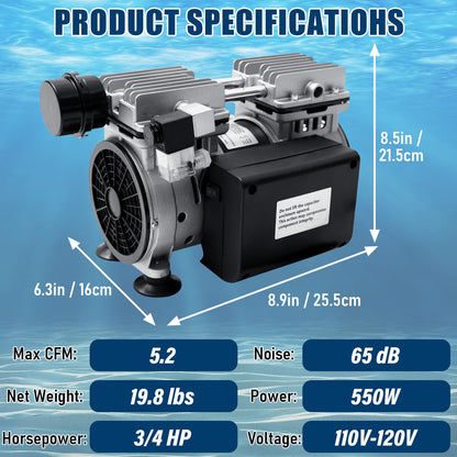 Pond Aerator, 550W 3/4 HP Air Compressor with Timer & Valves, 5.2 CFM for Up to 3 Acre 50ft Deep Lake, Outdoor Pond Oxygen Circulation System