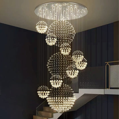 Siljoy Modern Foyer Chandeliers for High Ceiling, Large Staircase Chandelier with Spiral Sphere Design, Raindrop Crystal Chandelier Flush Mount Ceiling Light for Entryway Living Room W31.5 X H110