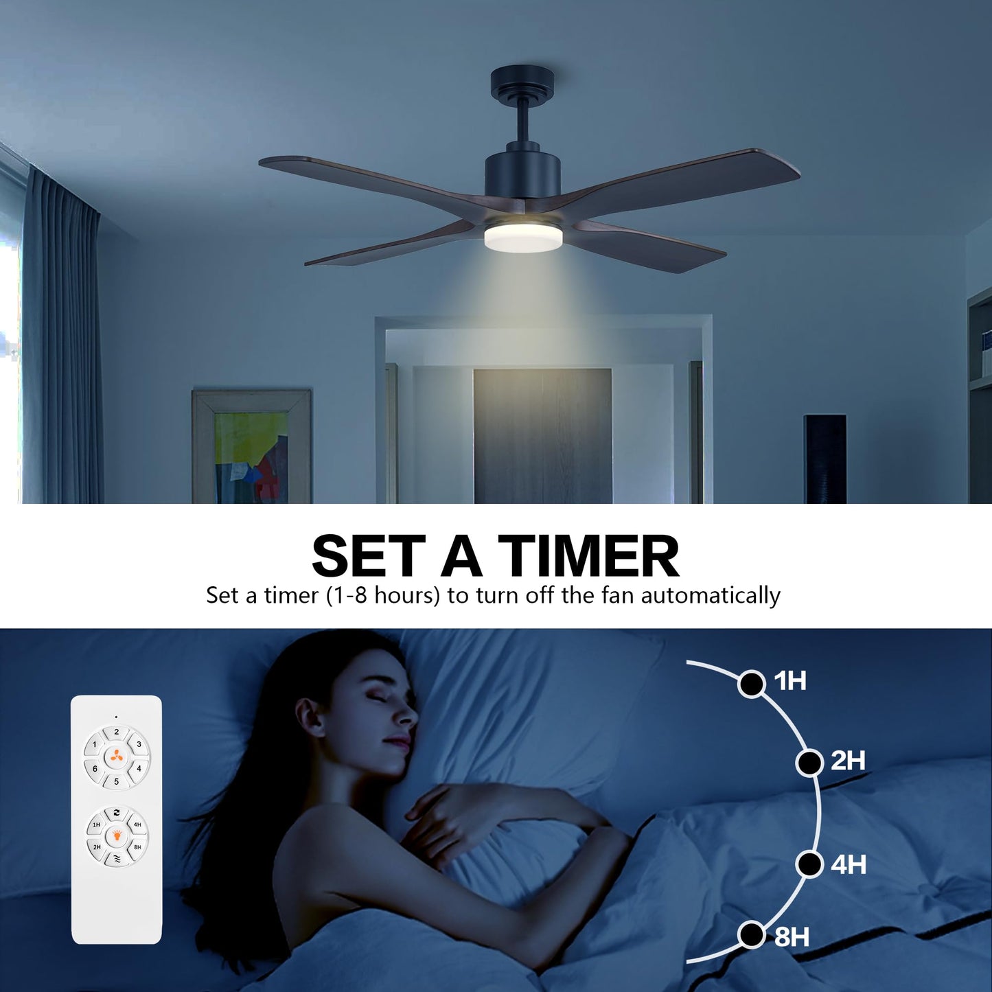 WINGBO 54 Inch DC Ceiling Fan with Lights and Remote Control, 4 Carved Solid Wood Blades, 6-Speed Noiseless Reversible DC Motor, Modern Ceiling Fan in Black Finish with Walnut Blades