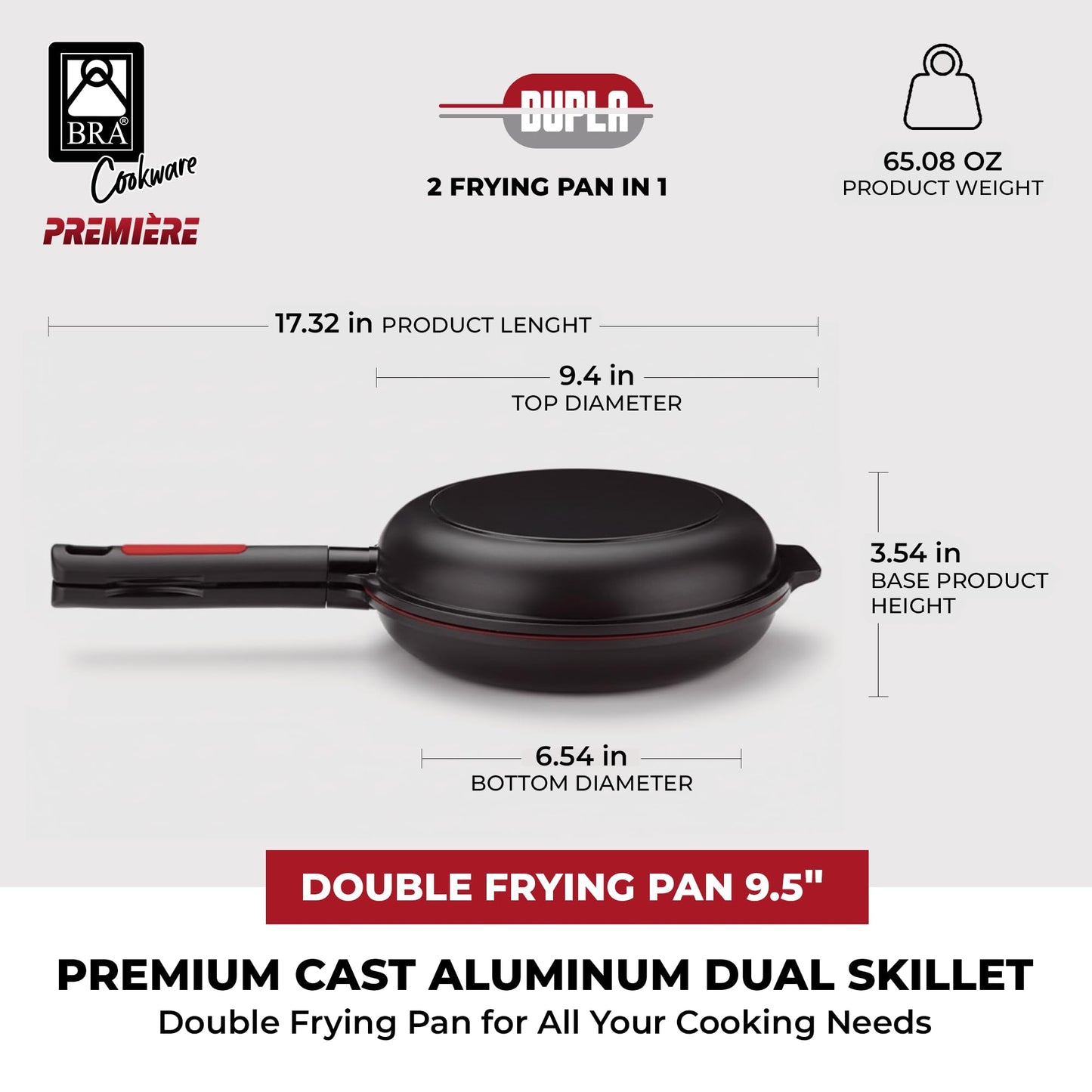 BRA COOKWARE Premiere Dual Skillet | 9.5 inches Double Frying Pan for Frittatas & Spanish Omelets | PFOA Free Triple Nonstick Coating | Full Induction Reversible Pan | Cast Aluminum Flip Skillet