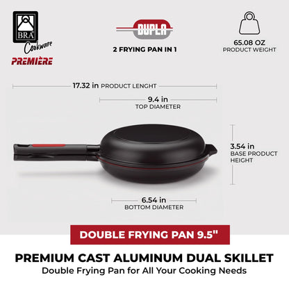 BRA COOKWARE Premiere Dual Skillet | 9.5 inches Double Frying Pan for Frittatas & Spanish Omelets | PFOA Free Triple Nonstick Coating | Full Induction Reversible Pan | Cast Aluminum Flip Skillet