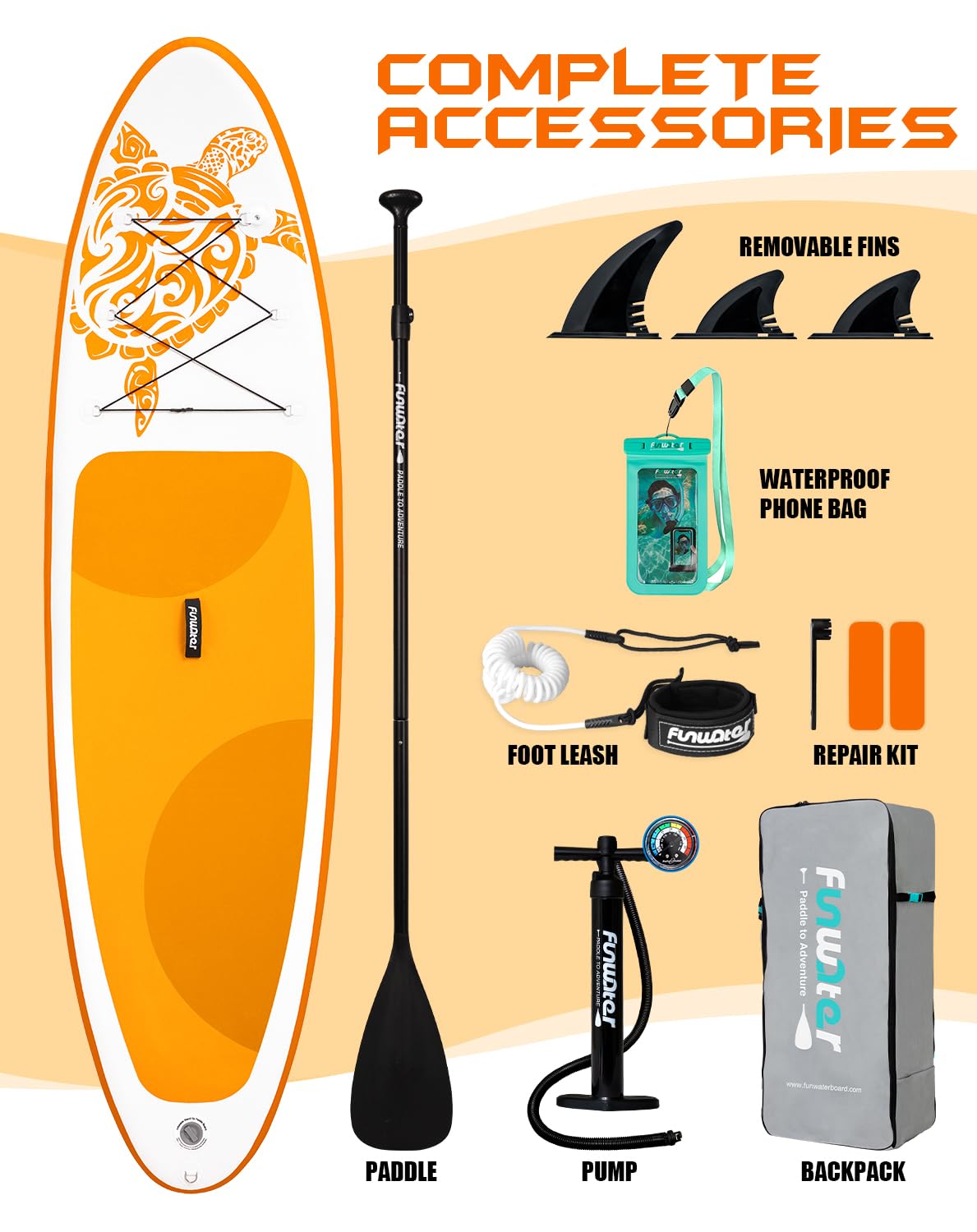 FunWater 10'6×33"×6" Inflatable Stand Up Paddle Board with Premium SUP Paddleboard Accessories,Adults & Youth for All Skill Levels, Included with Board, Paddle, Pump, Three Fins, Backpack(Yellow)