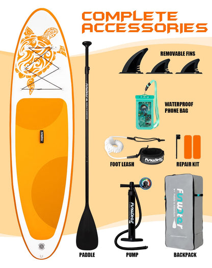 FunWater 10'6×33"×6" Inflatable Stand Up Paddle Board with Premium SUP Paddleboard Accessories,Adults & Youth for All Skill Levels, Included with Board, Paddle, Pump, Three Fins, Backpack(Yellow)