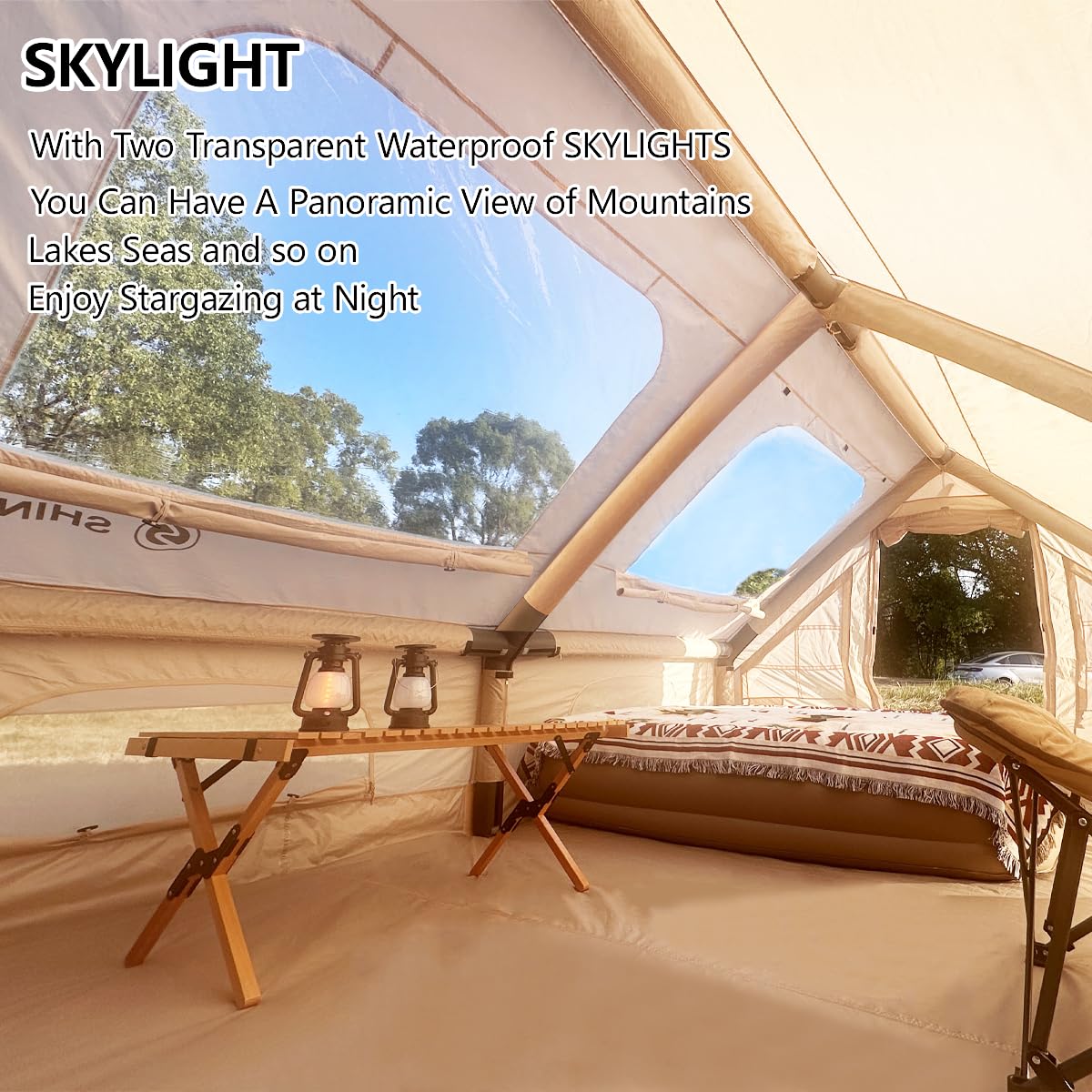 Inflatable Tent for Camping Large Blow Up Tent Glamping Tent 4-8 Person House, Easy Set up Waterproof Outdoor Oxford Tents, 4 Season Air Tents with Pump (130 sq ft Beige Air Tent)