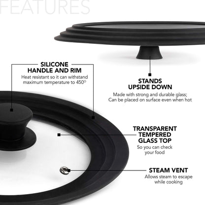 Modern Innovations Universal Lids (Set of 2) Fits 7 to 12-Inch Cookware, Silicone Replacement Pan Lid, Glass Top Covers for Skillets, Pots, Frying Pans, Cast Iron, CrockPot - Black