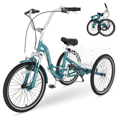 NAIZEA Folding Adult Tricycle - 7 Speed 20/24/26 Inch Folding Tricycle for Adult, 3 Wheel Bike, Foldable Trike with Large Basket/Low-Step Through for Men Women Senior