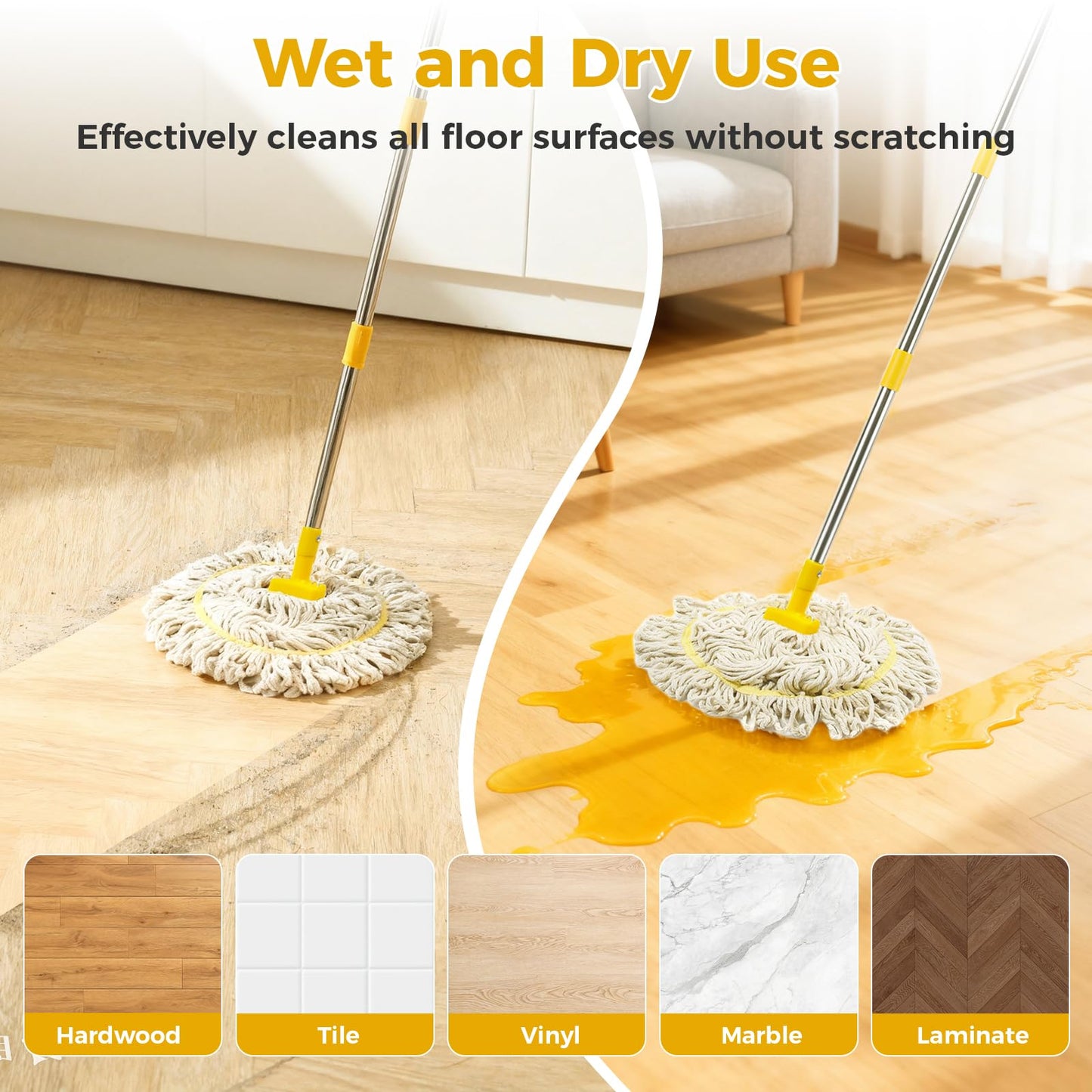 Indoor Mop with Strings for Floor Cleaning, Cotton Mops with 59” Long Handle Household String Mop for Hardwood Wood Tile Floors Cleaning,1 Mop Handle & 1 Cotton Mop Head