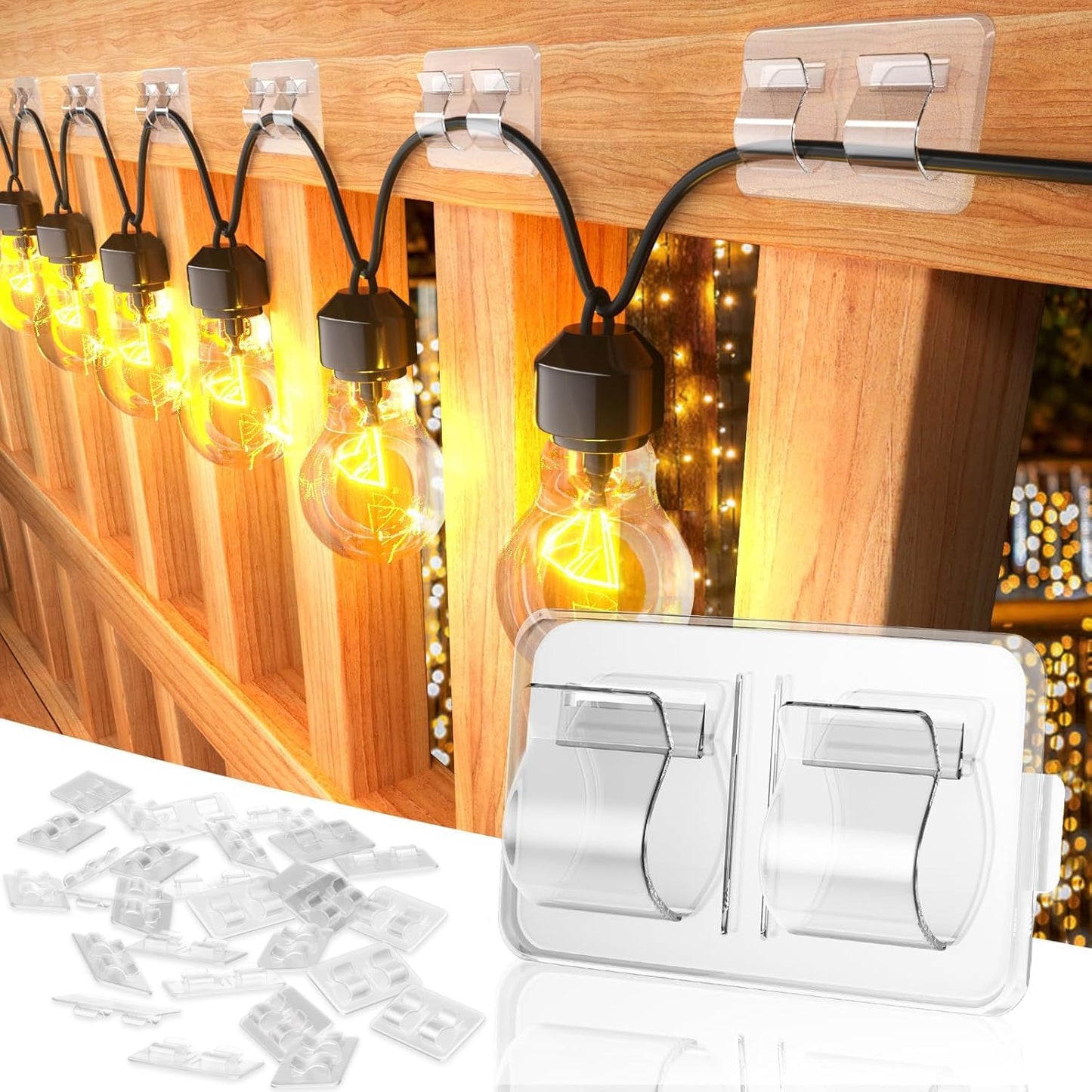 26Pcs Keviyi Hooks for Outdoor String Lights Clips: Double Hooks for Hanging - Heavy Duty Clear Cable Clips