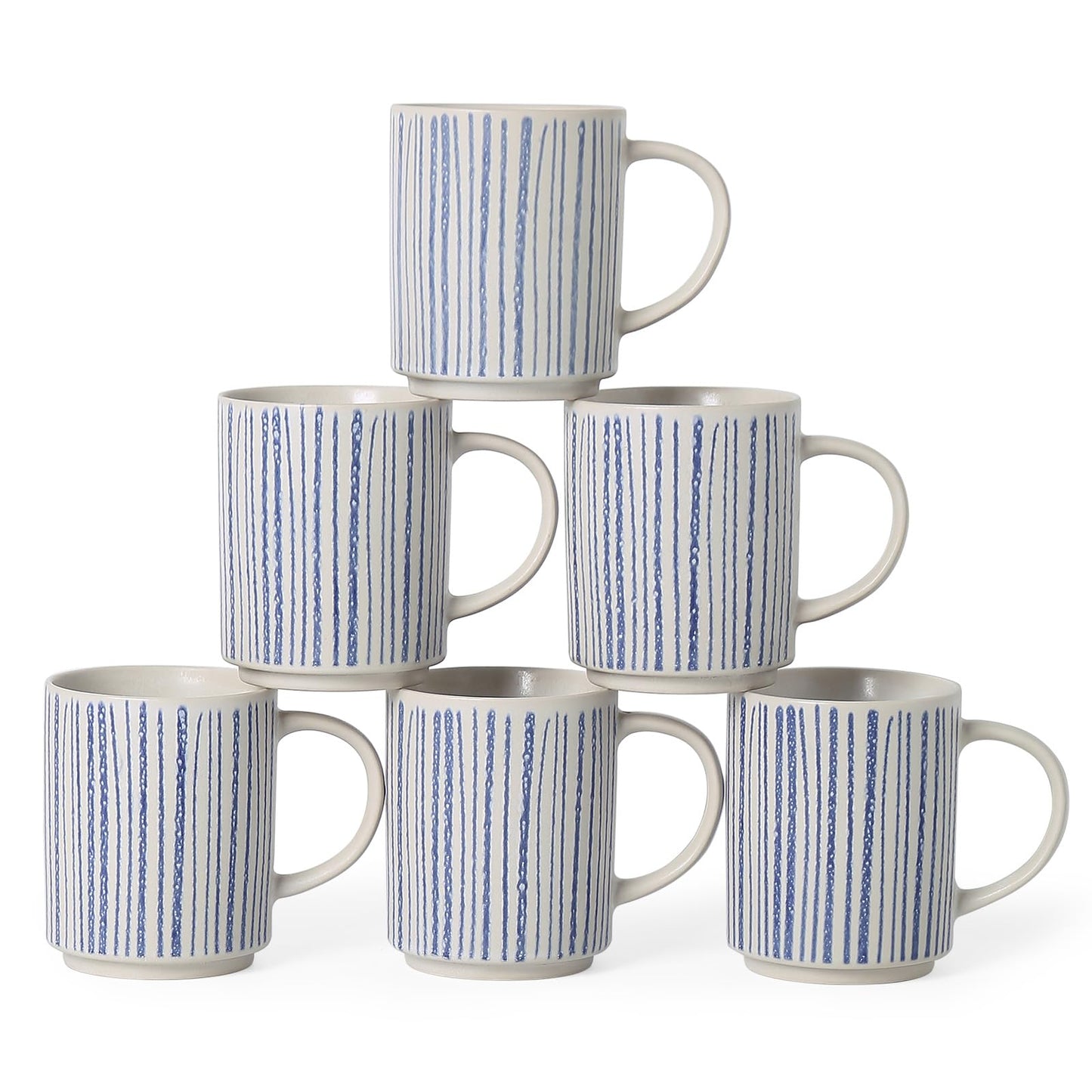 ALOFMO Ceramic Mugs Set of 6, Modern 17oz Coffee Mugs, Stackable Coffee Cups with Handpainted Blue Stripe Pattern, Dishwasher and Microwave Safe Mugs for Home & Office