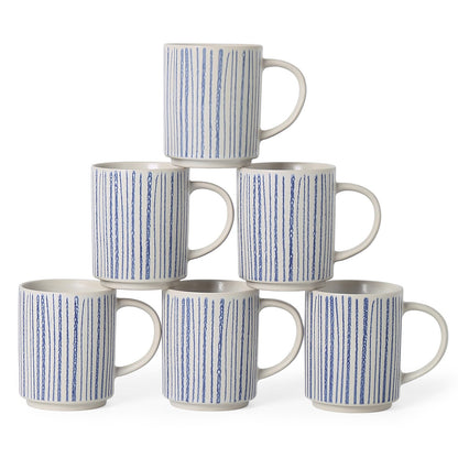 ALOFMO Ceramic Mugs Set of 6, Modern 17oz Coffee Mugs, Stackable Coffee Cups with Handpainted Blue Stripe Pattern, Dishwasher and Microwave Safe Mugs for Home & Office