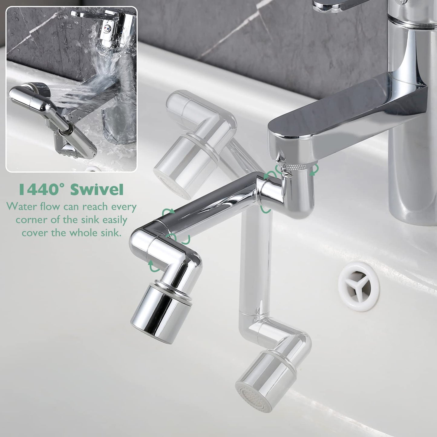 Universal 1440° Sink Faucet Aerator Extension Swivel Faucet Extender 2 Pack, 2 Sprayer Modes Rotatable Bathroom Kitchen Head Replacement Tap Attachment with Filter for G 1/2", 55/64",15/16" Chrome