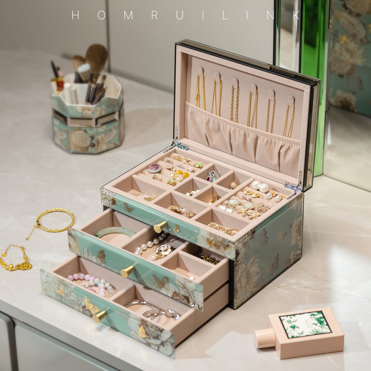 Homruilink High End Glass Jewelry Box, 3 Layer Jewelry Organizer, Velvet-Lined Case For Ring, Necklace, Earring, Bracelet Storage, Ideal Gift (Bird & Floral)