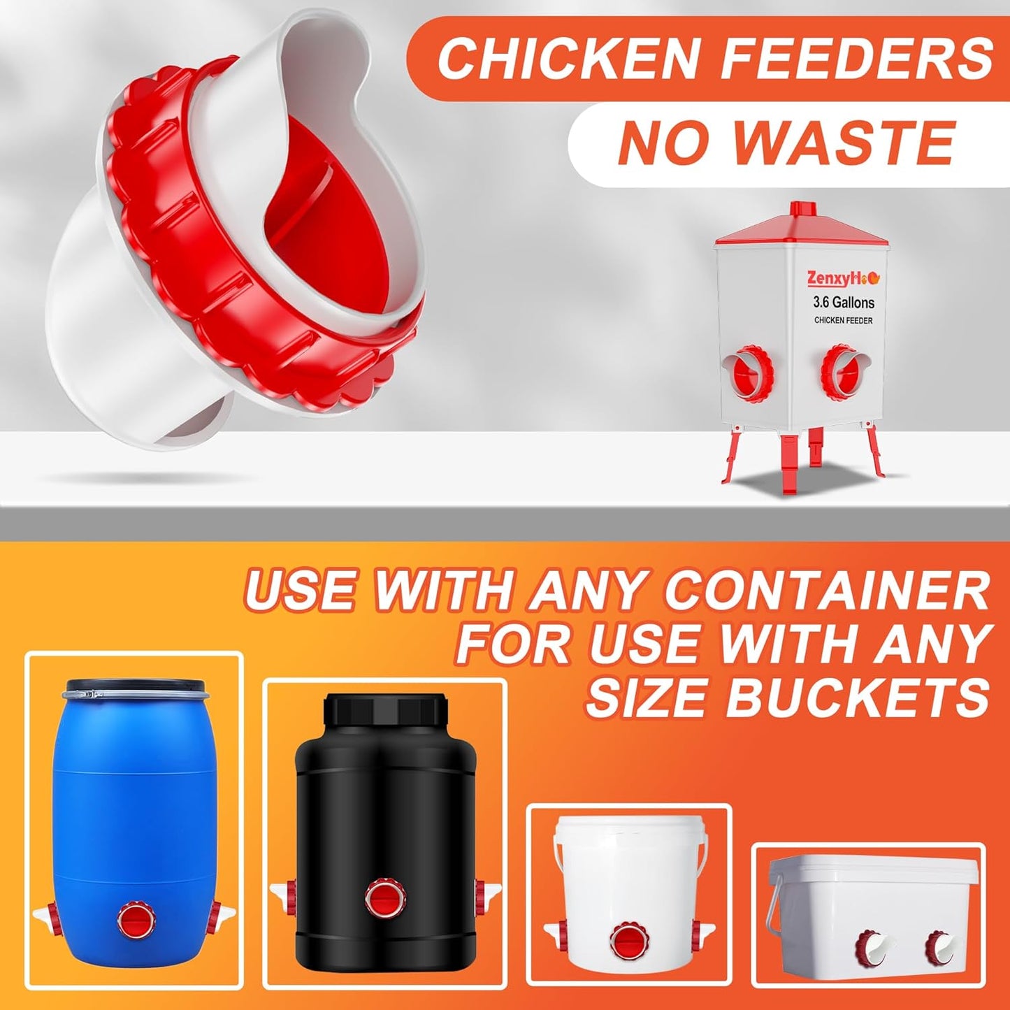 8 ZenxyHoC DIY Chicken Feeders No Waste, Ports Poultry Feeder with Hole Saw for Buckets Troughs Red