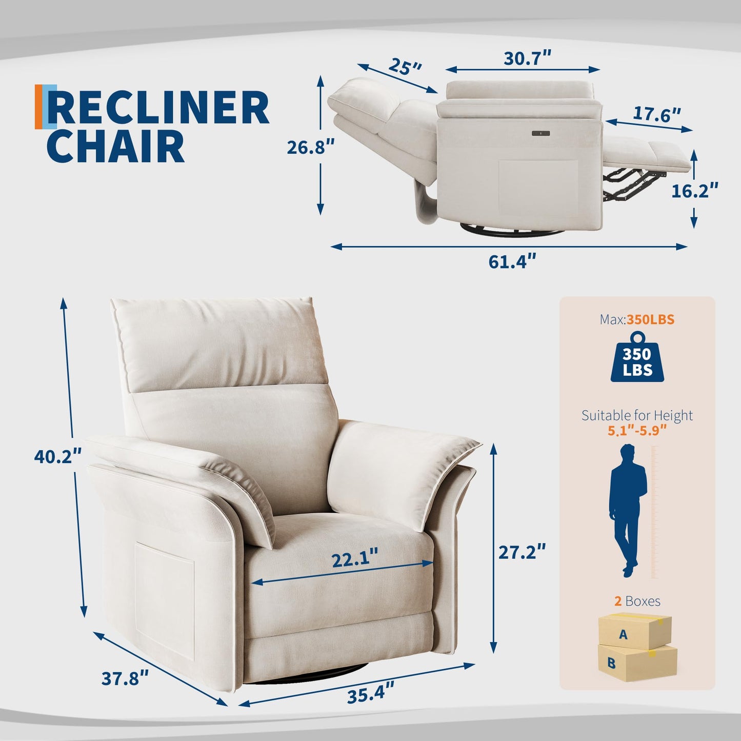 GAOMON Swivel Rocking Recliner Chair, Manual Leather Recliner Glider with Lumbar Support & Padded Armrest, Comfortable Rocker Nursery Single Sofa for Living Room and Bedroom (Cream)