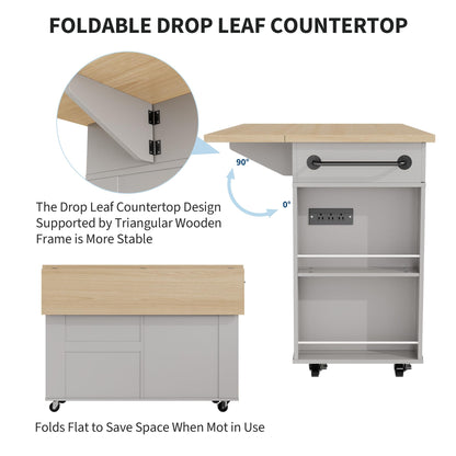 GarveeHome Rolling Kitchen Island with Drop Leaf Countertop, Charging Station & Ample Storage - 47.2 in Mobile Kitchen Cart On Wheels with Pull-Out Shelves, Drawers, Spice Rack & Organizer Divider