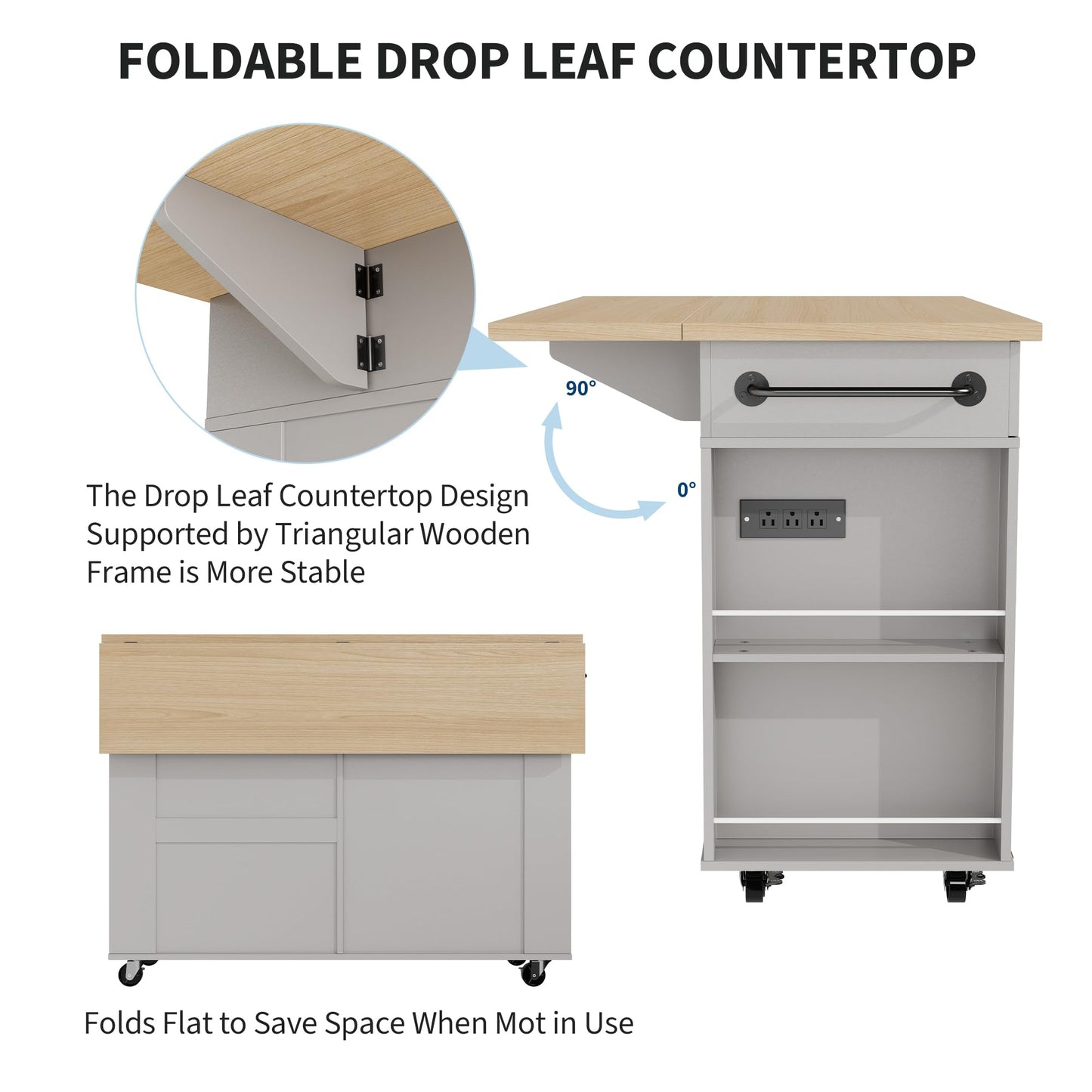 IDEALHOUSE Rolling Kitchen Island with Drop Leaf Countertop, Charging Station & Ample Storage - 47.2" Mobile Kitchen Cart On Wheels with Pull-Out Shelves, Drawers, Spice Rack & Organizer Divider