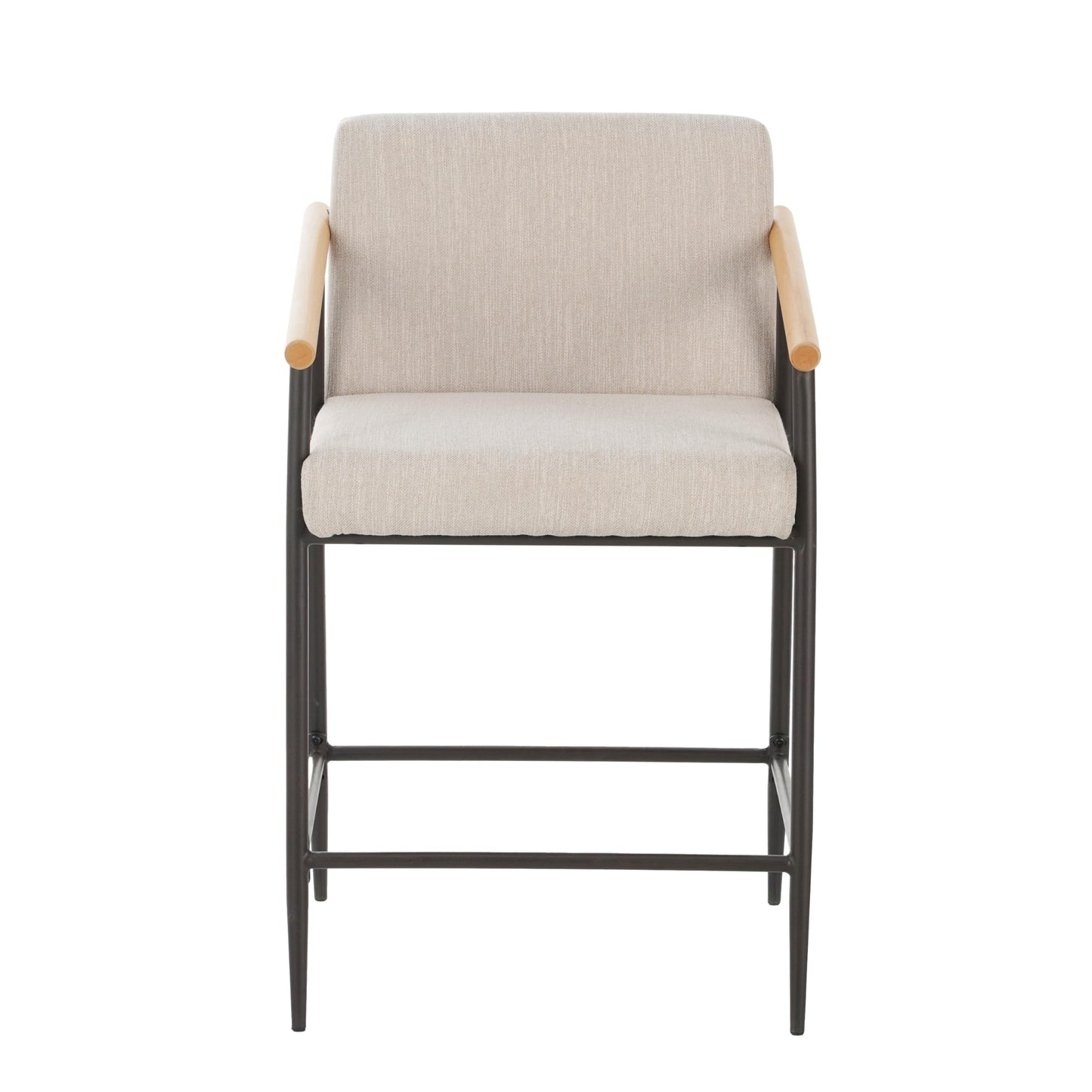 Christopher Knight Home Set of 2 Bever Mid-Century Modern Counter Height Bar Stools, Iron Frame Kitchen Stools, Fabric Upholstered Side Chair with Wooden Armrest and Footrest, Beige+Black+Light Brown