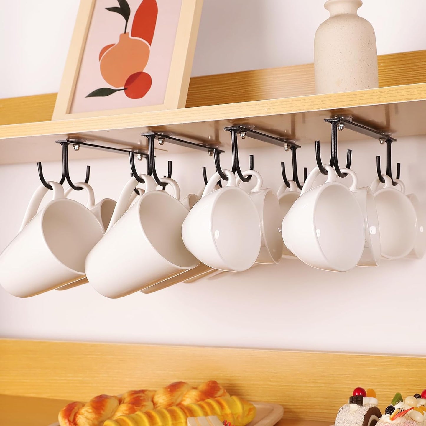 Under Cabinet Mug Hooks, 3 Pieces Mug Holder Rack with 12 Hooks, Display Hanging Storage for Mugs/Coffee Cups, Black