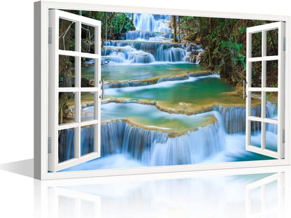 Grand Waterfall Wall Art Window View Decor, Green Mountain Pictures Canvas Print for Bedroom, Framed Ready to Hang
