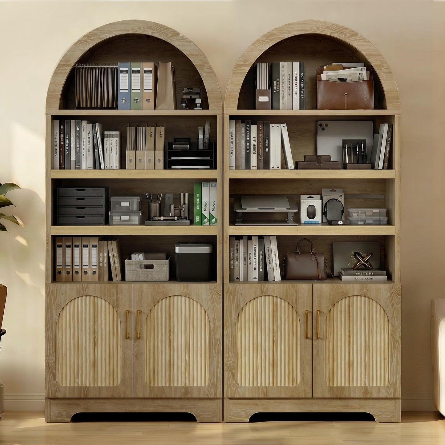 Bestier 71" Tall Arched Kitchen Pantry, Arched Cabinet with Doors, Modern Farmhouse Wood Kitchen Storage Cabinets with 3-Tier Adjustable Shelves for Living Room, Dining Room, Ktichen, Oak