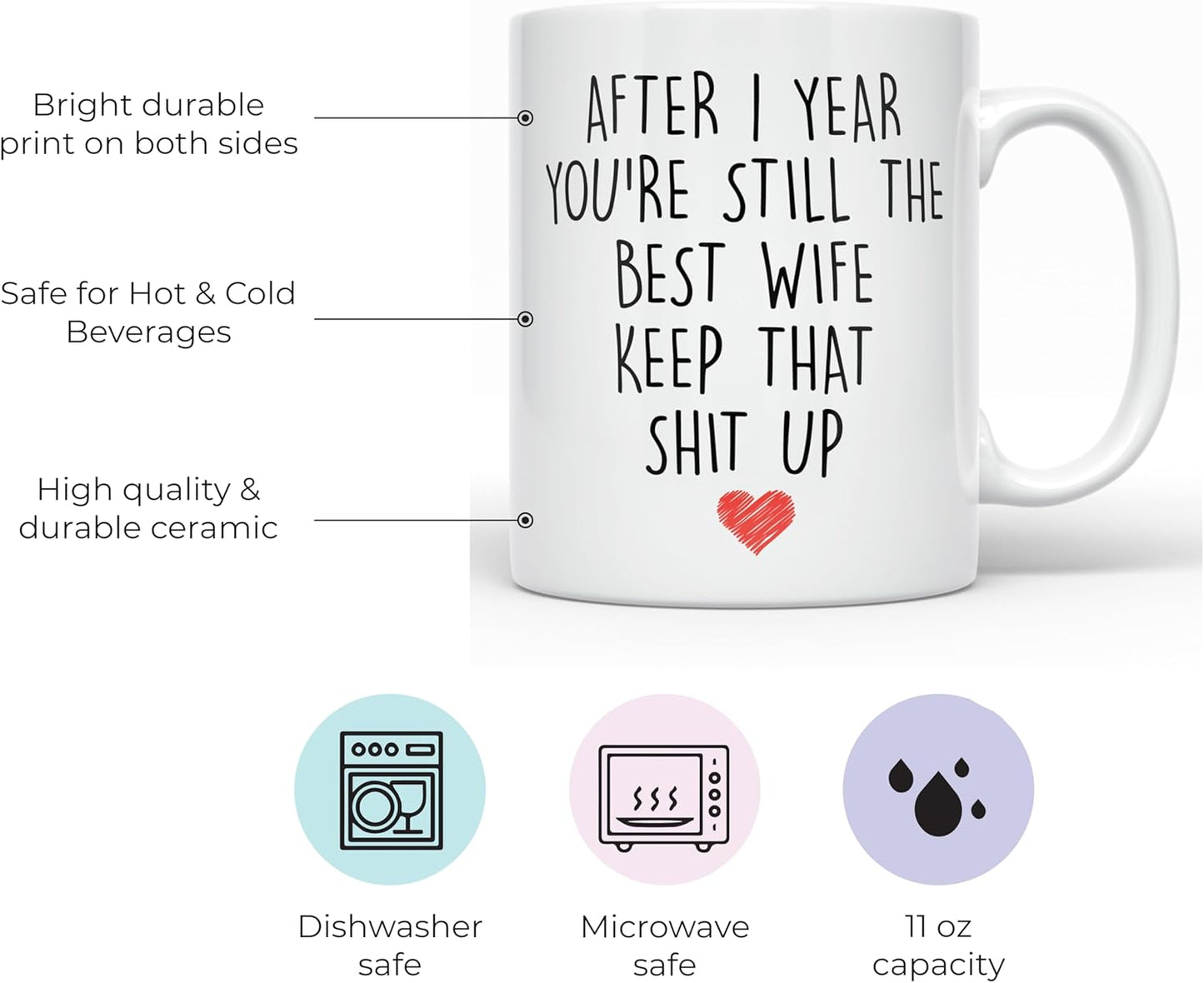 YouNique Designs 1 Year Anniversary Coffee Mug for Her, 11 Ounces, 1st Wedding Anniversary Cup for Wife, White