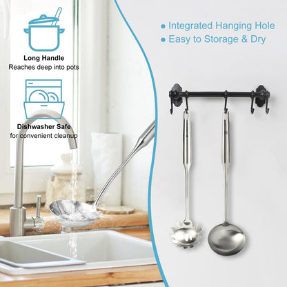 Stainless Steel Soup Ladle and Spaghetti Spoon Set - Large Ladle Spoon, Pasta Strainer, Durable Kitchen Cooking Utensils for Stirring, Serving Pasta, Soup & Sauce，Christmas Gifts
