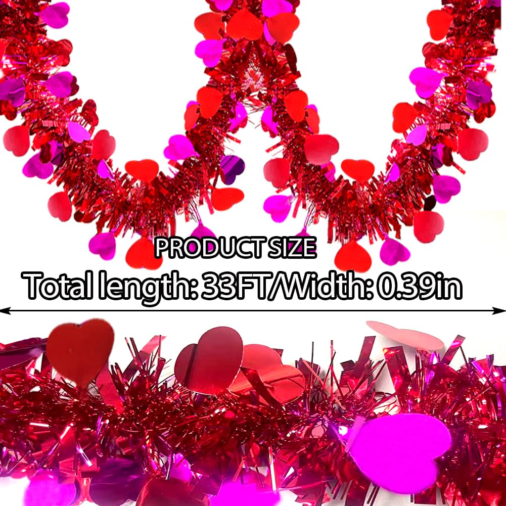 Valentines Tinsel Garland - 33 Ft Rose Red Metallic Heart Shape Valentine's Day Garland Atmosphere Setup for The Confession Scene Tinsel Hanging Twist Hanging Decorations for Party Holiday Supplies