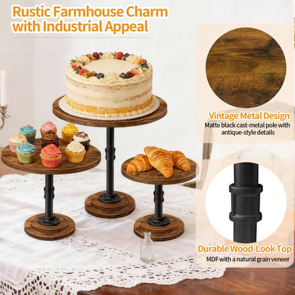 LLAXERGU Cake Stand Rustic Industrial Wood Round Cupcake Stands Cake Stand Set of 3 Dessert Table Display Set Serving Tray Decoration for Birthday Celebration Party Baby Shower