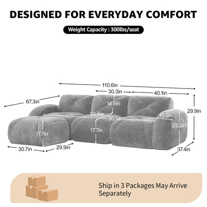 Blue L-Shaped Sectional Couches for Living Room, Velvet Fabric Boneless Couch, No Assembly Cloud Modular Sectional Sofa with 1 Ottoman, Foam Couch Compressed Sofa Set for Apartment, Sofas para Sala